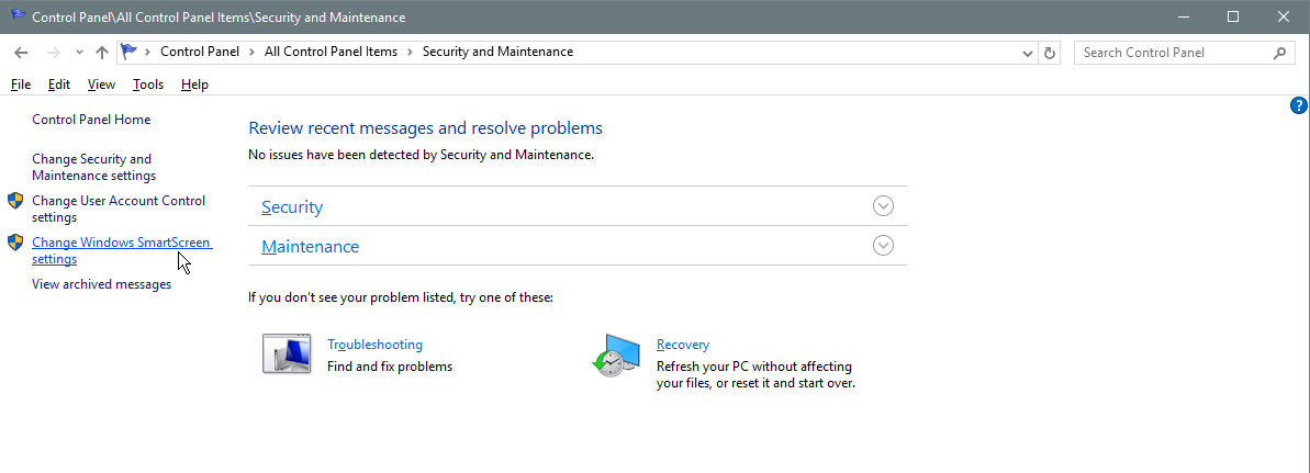 Windows Security settings window